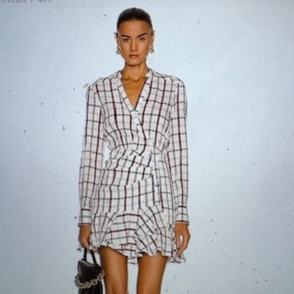 Veronica Beard White & Brown Plaid Ruffle Mini Dress, Sz M, NWOT - Picture 1 of 9